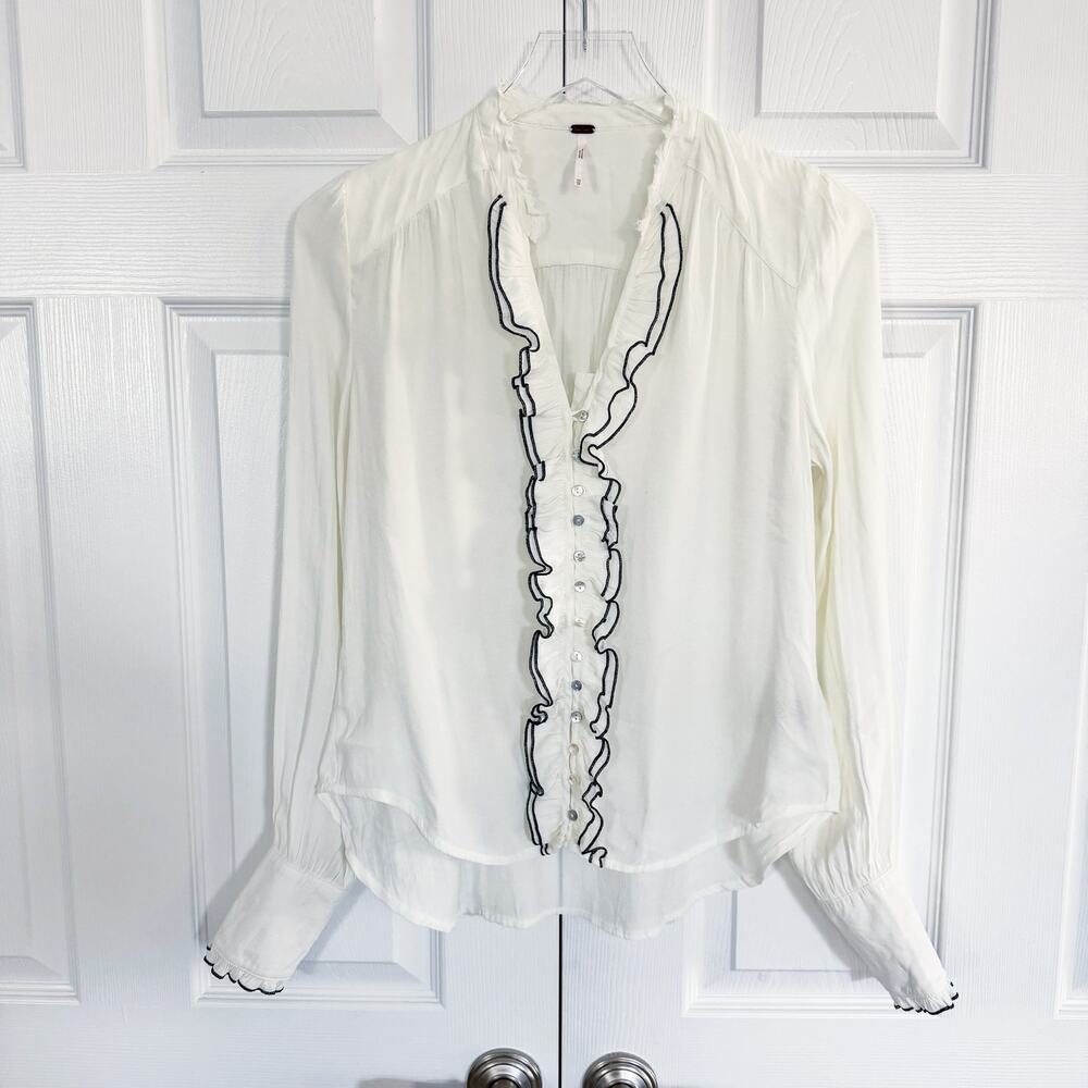 Free People White Ruffle Front Button Down Blouse Romantic Victorian Poetcore